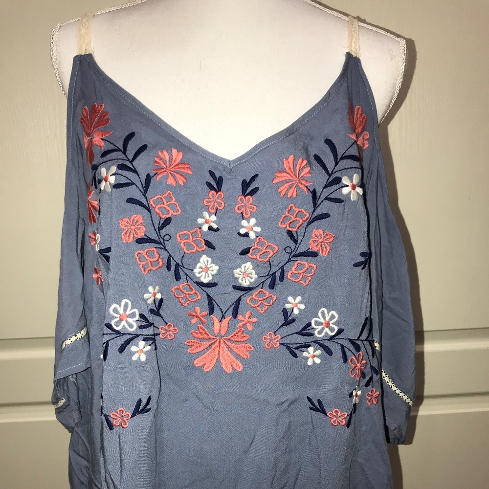 Blue Embroidered  Floral Cold Shoulder BOHO Top